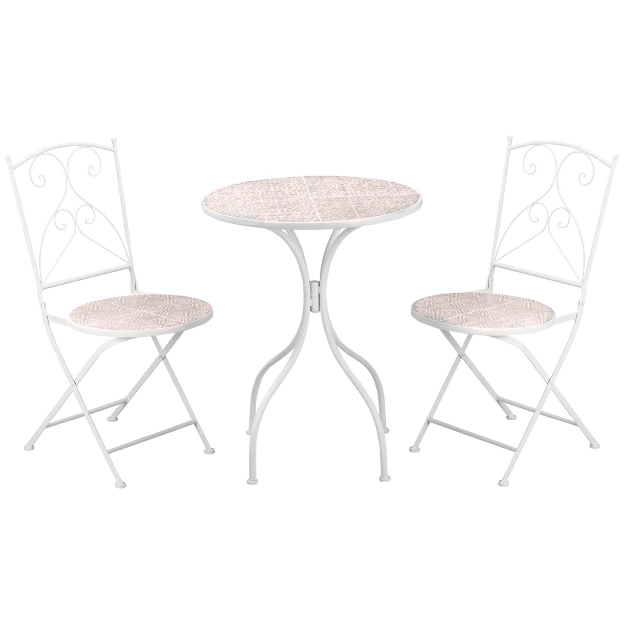 Ensemble de jardin bistro 3 pièces 2 chaises pliantes et table ronde - métal époxy, plateau mosaïque - blanc