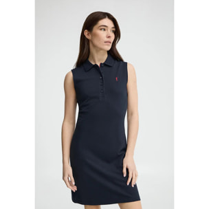 Vestito corto blu marino smanicato, colletto a polo e logo Rigby Go