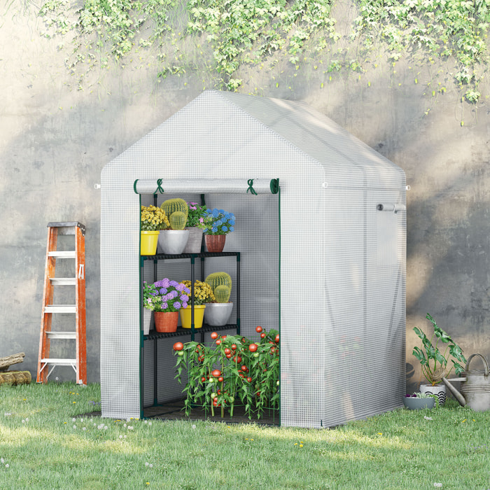 Invernadero Jardín 143x143x195 cm con 4 Estantes Puerta y 2 Ventanas Enrollables