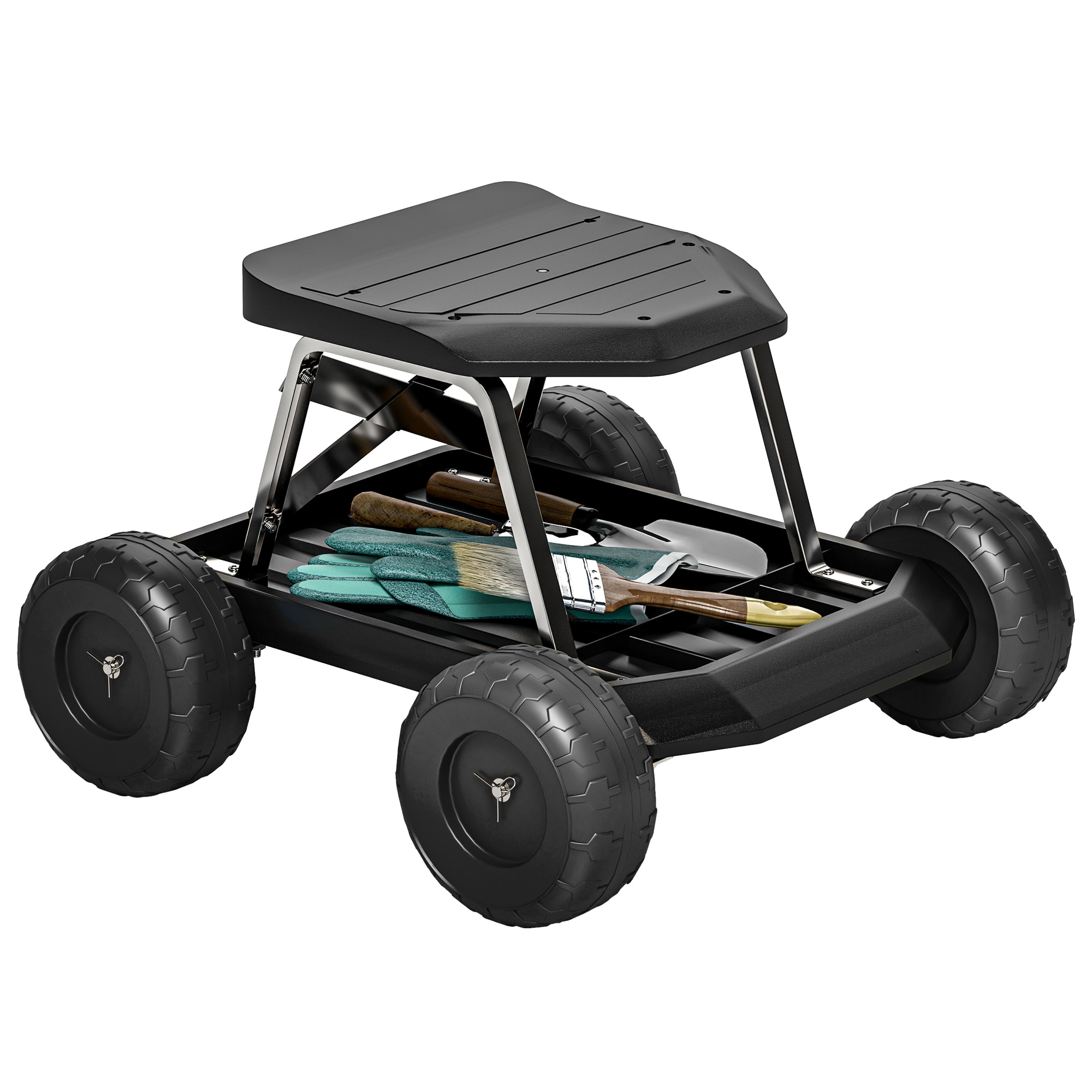 Asiento de Jardín con Ruedas Taburete de Jardinería con Bandeja de Herramientas Carrito para Trabajo Carga 130 kg para Patio Exterior Negro
