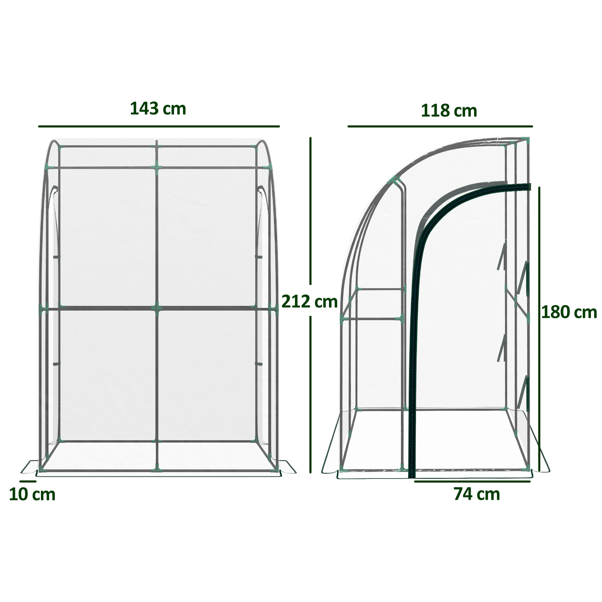 Serre de jardin adossée serre adossée dim. 1,43L x 1,18l x 2,12H m 2 portes zippées enroulables acier PVC transparent