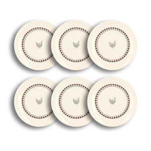 Lot de 6 assiettes à dessert en grès 19cm avec imprimé poule GALLINA