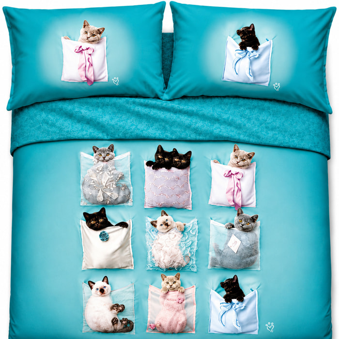 BASSETTI Completo letto in cotone con immagini fotografiche Made in Italy_Matrimoniale_Kitties