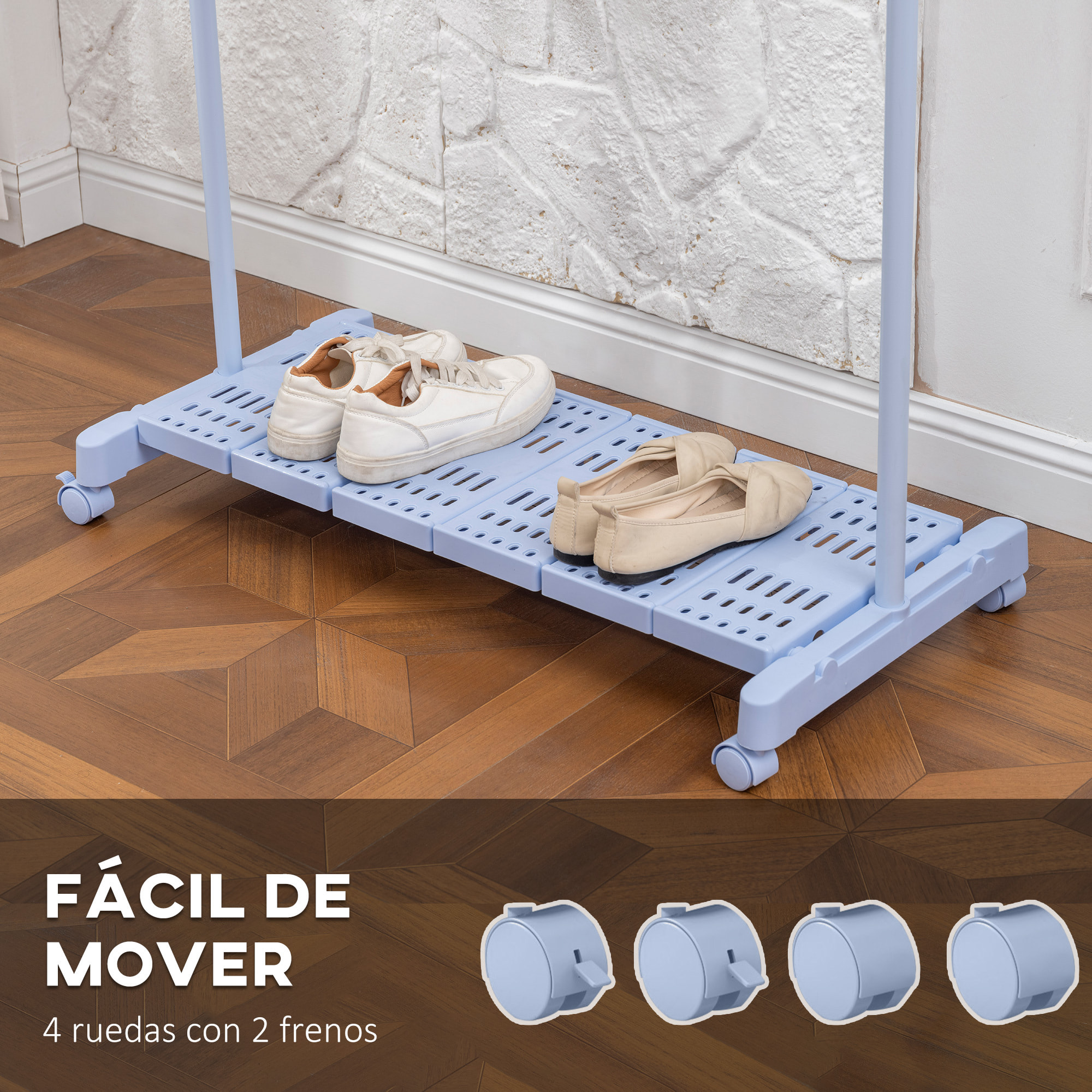 Tendedero Extensible con Ruedas, Tendedero de Ropa con Barra de Acero Inoxidable y Estante para Zapatos, Altura Ajustable, para Interior, Azul y Plata