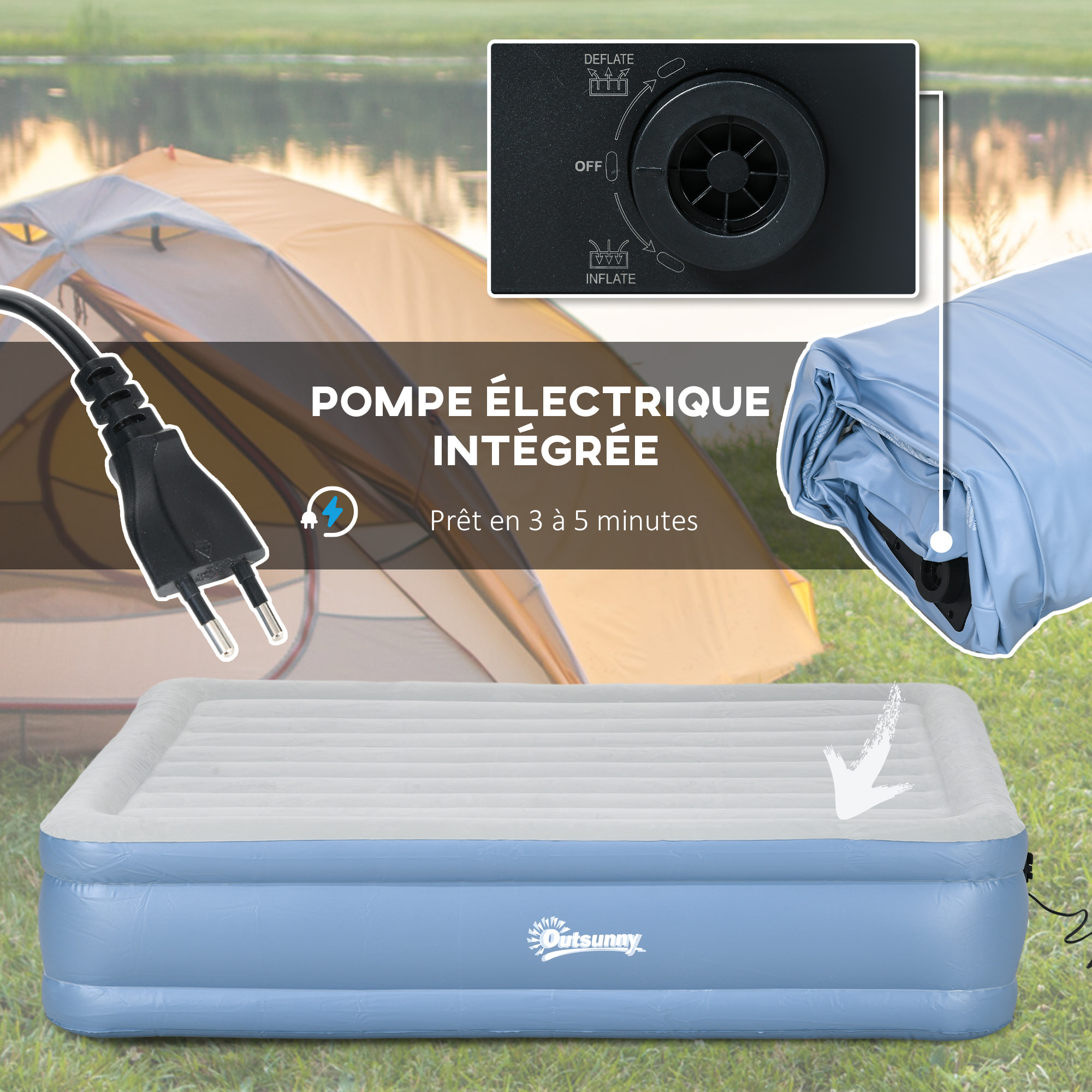 Matelas gonflable 2 places gonfleur électrique intégré sac PVC bleu surface floquée gris clair