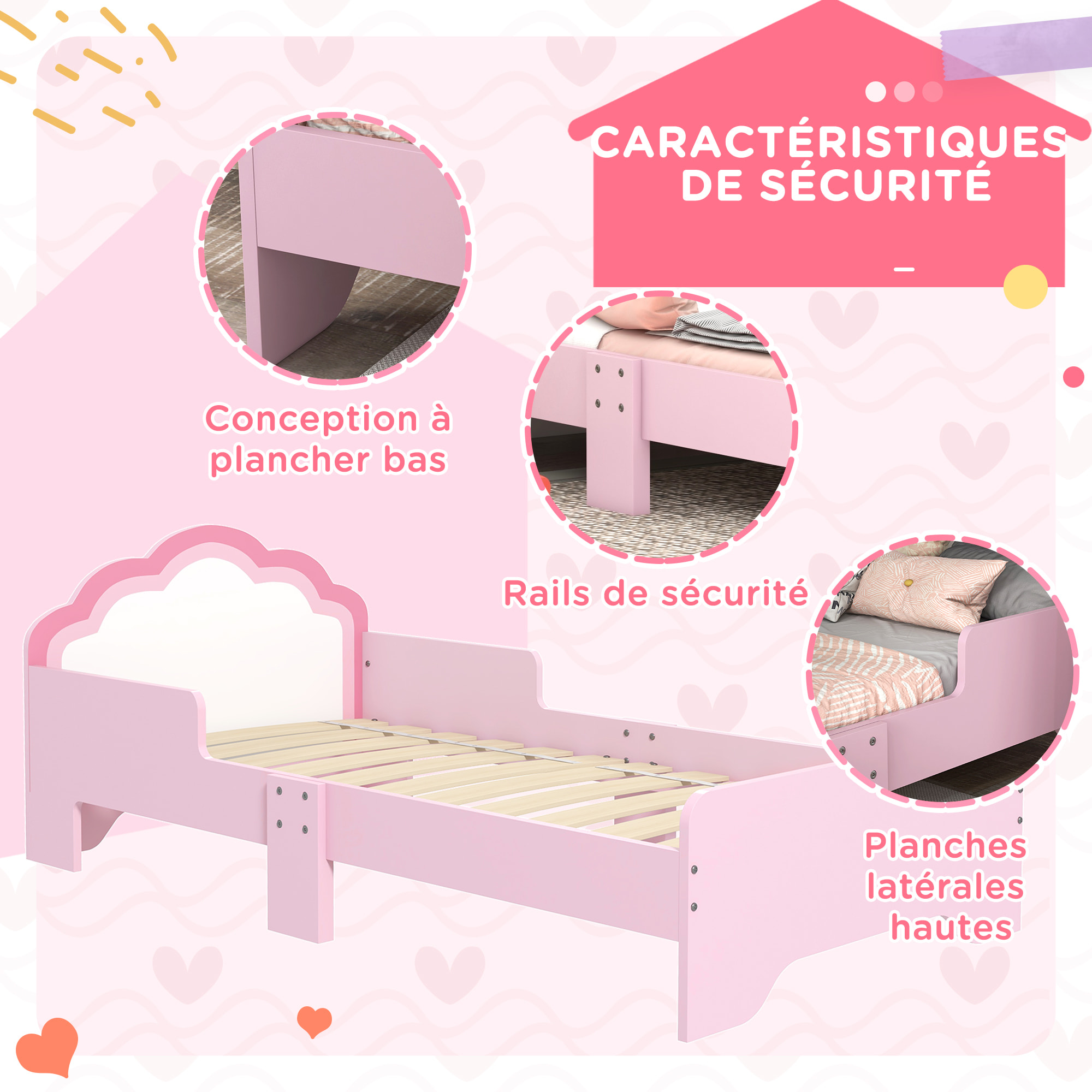 Lit enfant design girly motif nuage - sommier à lattes inclus - MDF contreplaqué rose blanc