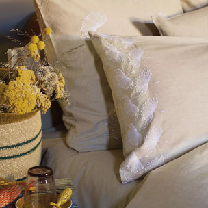 Taie d'oreiller pur coton lavé tissé teint brodé beige Brise d'ete naturel
