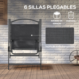 Conjunto de Muebles de Jardín 8 Piezas Juego de Comedor de Jardín con 6 Sillas Plegables Mesa de Comedor de Vidrio y Sombrilla Inclinable para Terraza Patio Negro