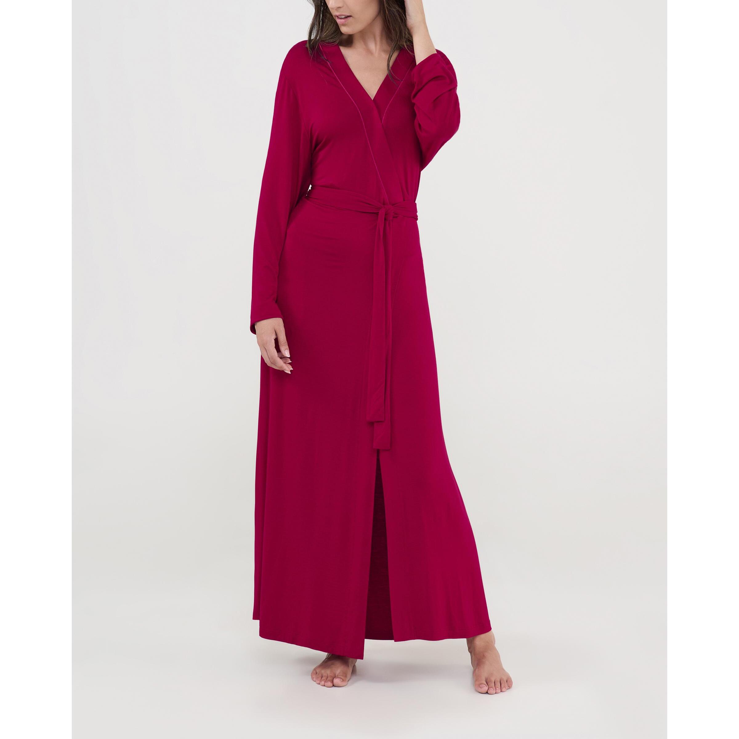 Bata mujer modal lisa, cruzada con cinturon, cuello tirilla y bolsillos laterales, maxi larga