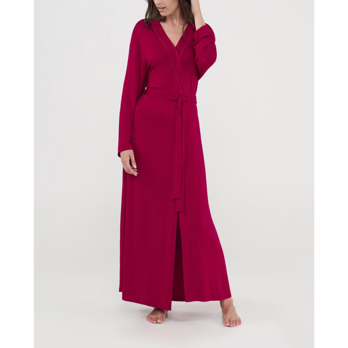 Bata mujer modal lisa, cruzada con cinturon, cuello tirilla y bolsillos laterales, maxi larga
