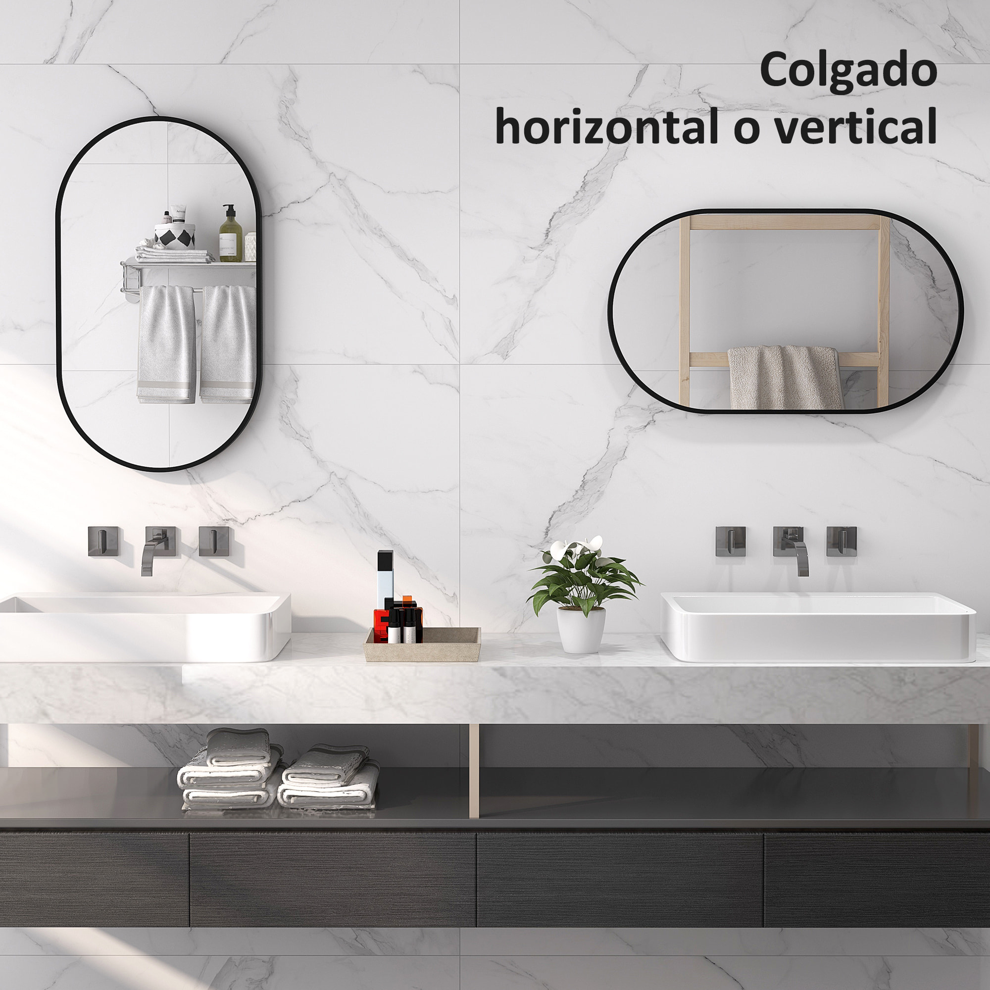 Espejo de Baño Ovalado 40x70 cm con Marco de Aluminio Espejo de Pared Decorativo Horizontal o Vertical para Salón Entrada Pasillo Negro