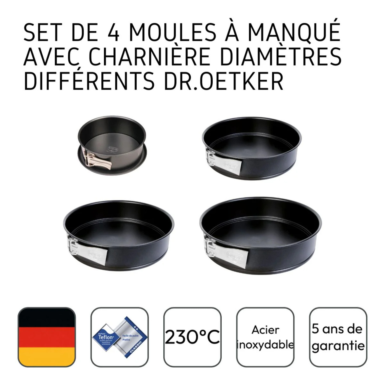 Set de 4 moules à manqué à charnière 18 cm + 24 cm + 26 cm + 28 cm Dr.Oetker Tradition