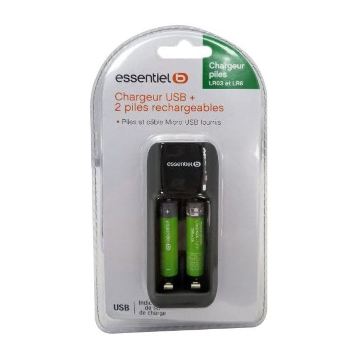 Chargeur secteur ESSENTIELB + LR03 AAA x2 700Nimh