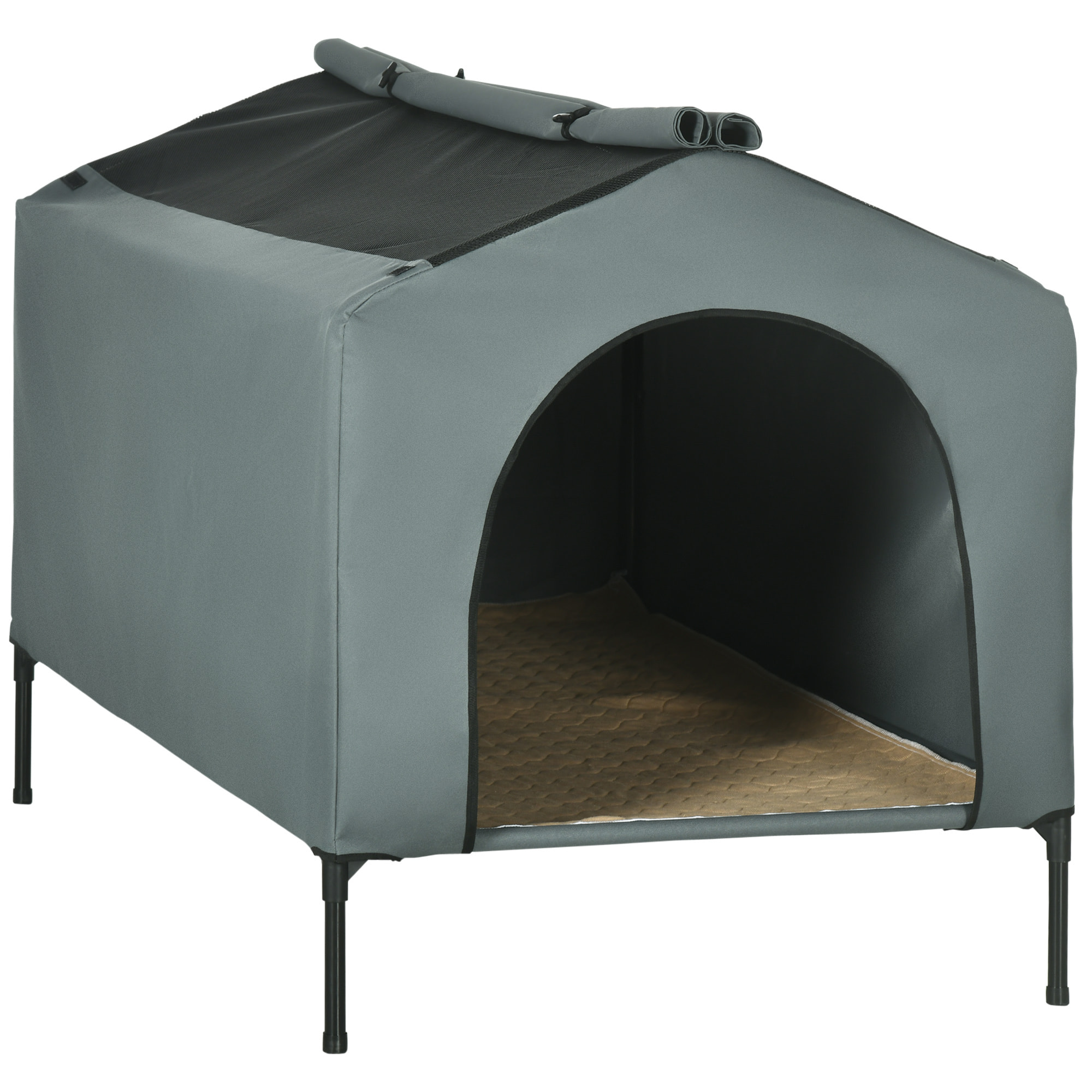 Caseta para Perros con Cubierta Exterior 130x85x95 cm Cama Elevada para Mascotas con Cojín y Ventanas de Malla Enrollable para Perros Grandes Gris