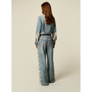 Oltre - Pantaloni palazzo effetto denim con pizzo - Azzurro