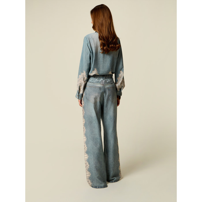 Oltre - Pantaloni palazzo effetto denim con pizzo - Azzurro