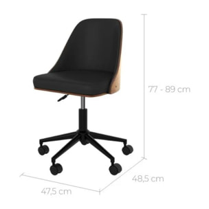 Chaise de bureau pivotante sur roulettes en bois foncé et PU noir - Georges