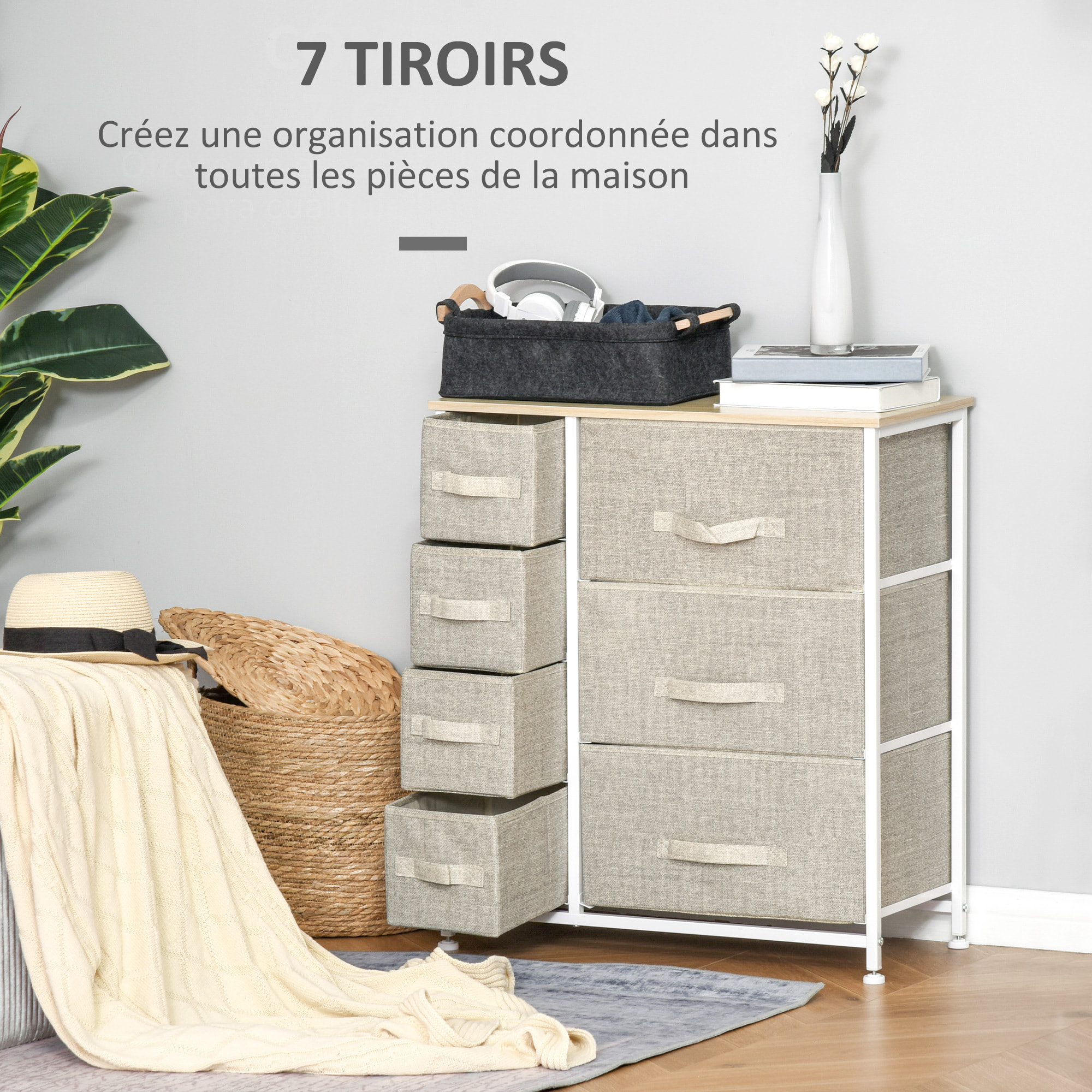 Meuble de rangement commode design 64L x 30l x 71H cm 7 tiroirs métal MDF non tissé blanc