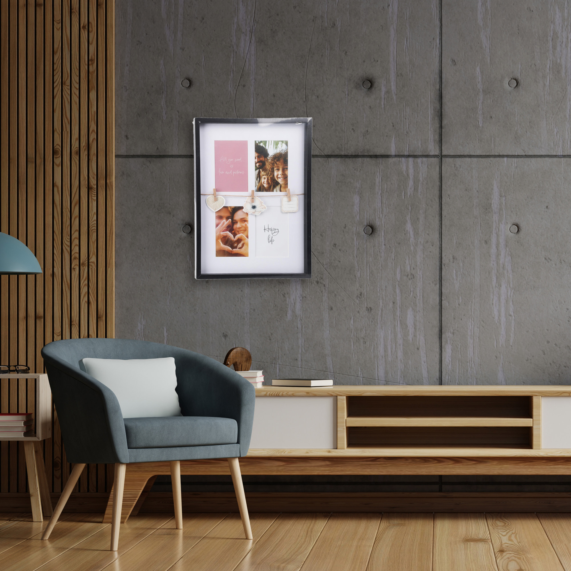 Marco de fotos Negro para 4 fotos y 3 correas de madera 31,3x2,7x43,5cm