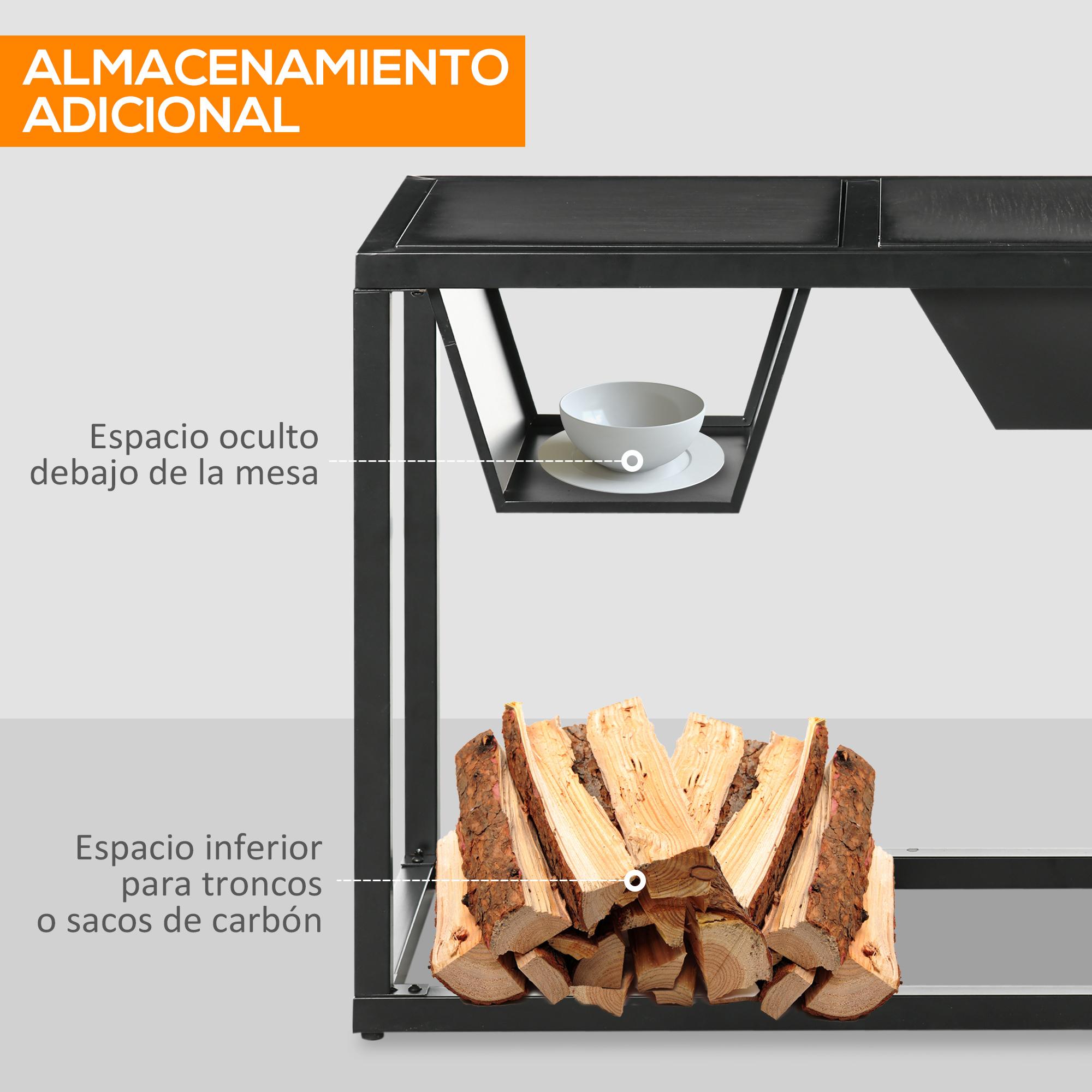 4 en 1 Brasero Exterior de Acero Galvanizado para Jardín Barbacoa de Leña Enfriador de Cubitos de Hielo Mesa de Jardín con Rejilla Protector de Chispas y Atizador 100x46,5x64 cm Negro