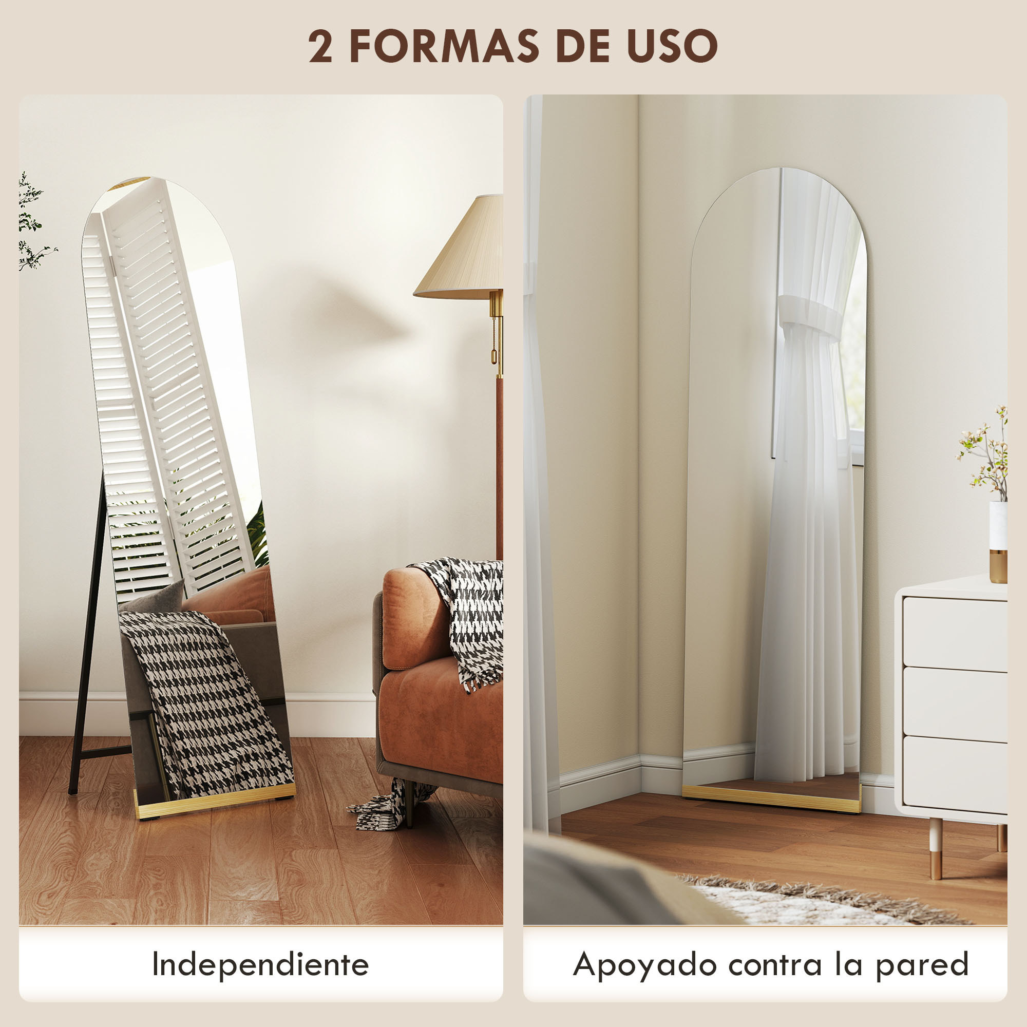 Espejo de Cuerpo Entero Curvado 160x50 cm, Espejo de Pie o Apoyado en la Pared, sin Marco, Base de Madera, para Salón, Dormitorio, Pasillo, Entrada