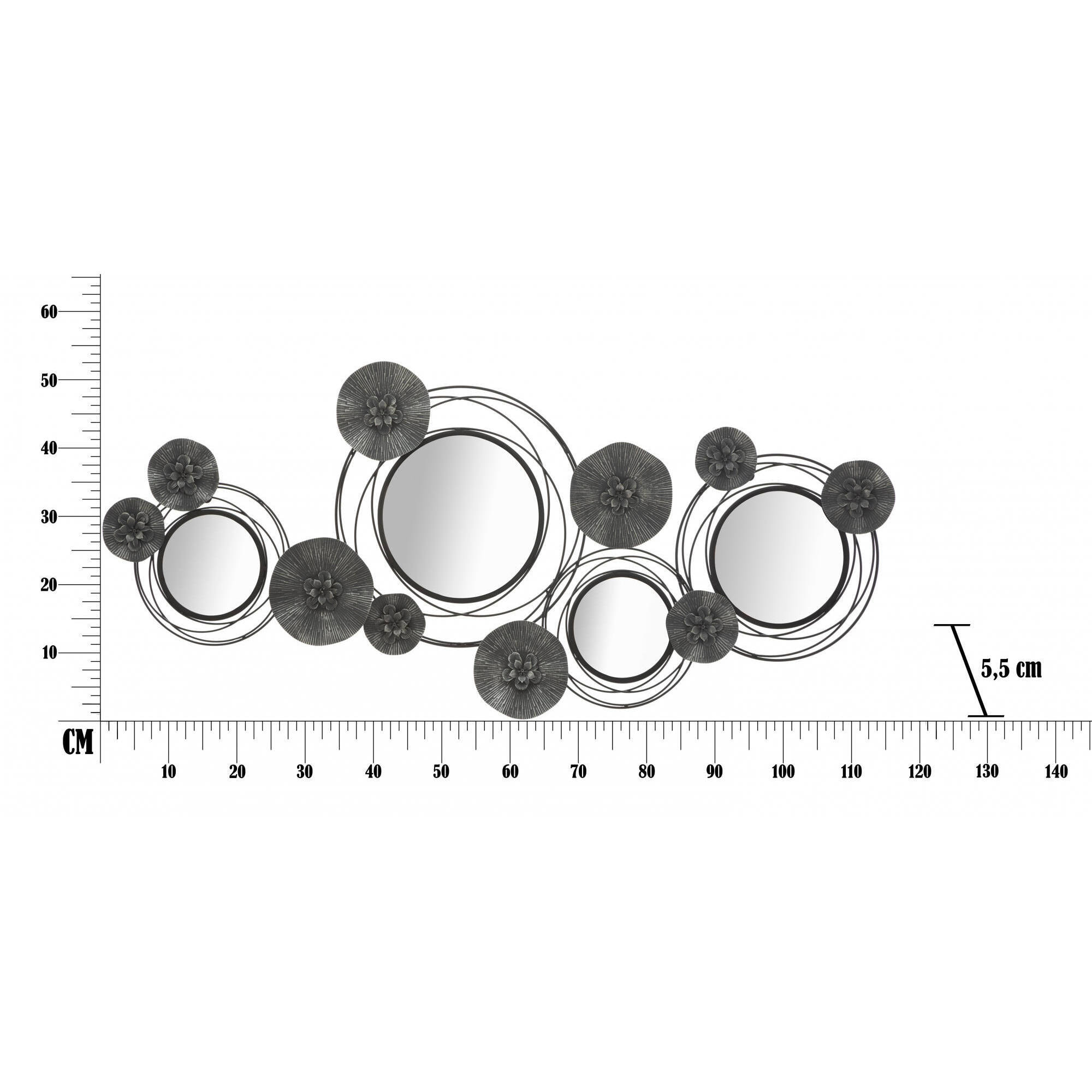 Decorazione da parete, Ferro e Specchio, Colore Nero, Misure: 117 x 5,5 x 49 cm