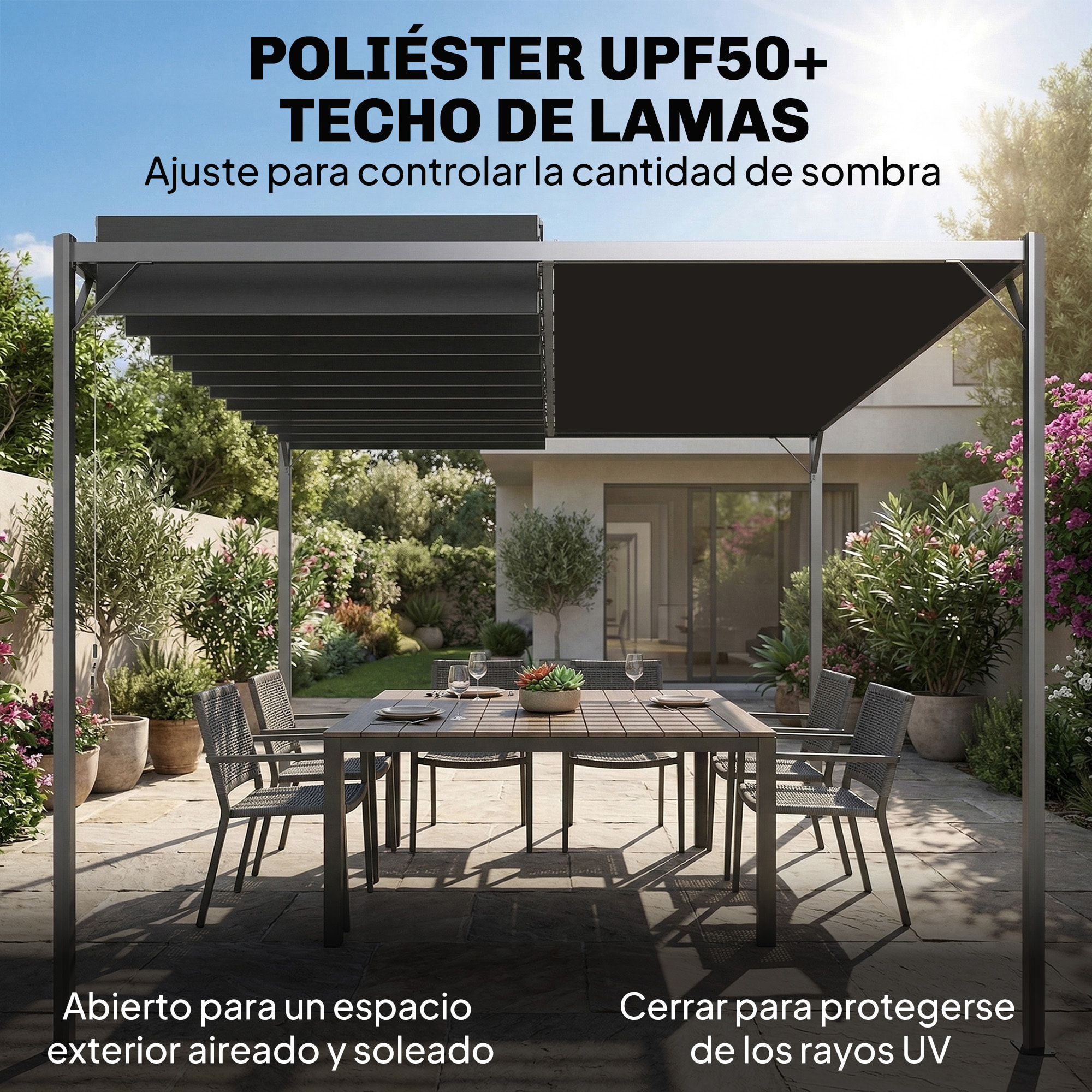 Pérgola de Jardín 3x4 m, Cenador de Jardín con Techo de Lamas Orientables, Estructura de Metal, Protección UPF50+, Pabellón para Exterior, Patio, Terraza, Gris Oscuro