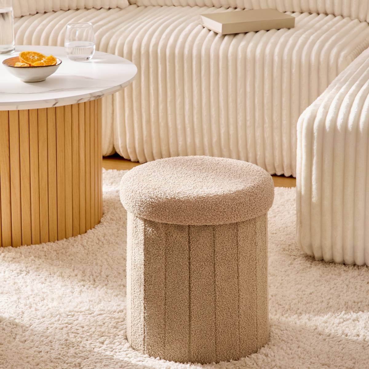 Pouf Pliable Coffre Jaiko en Bouclette Beige 32x38cm