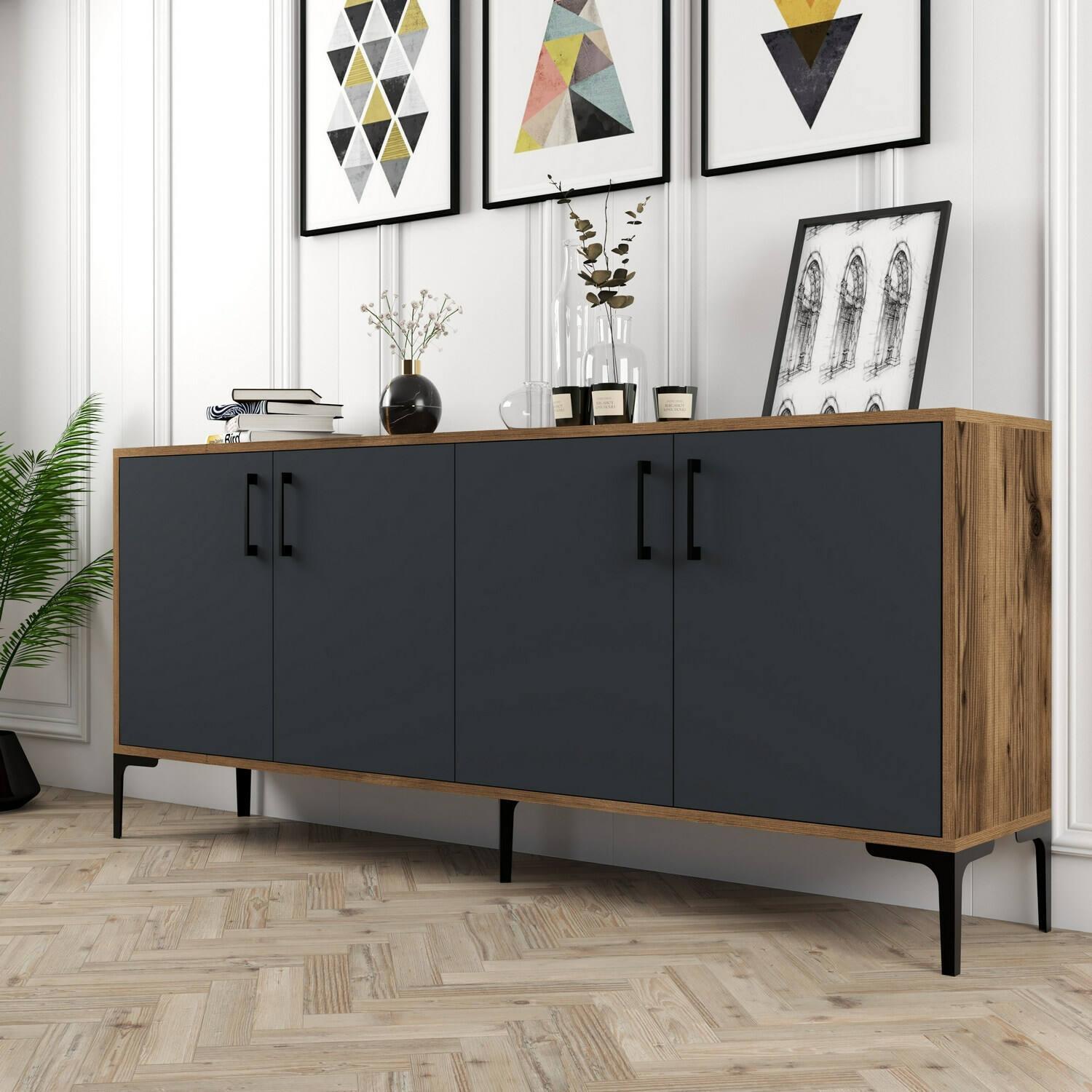 Credenza Dpedrol, Buffet da soggiorno, Madia da salotto, Dispensa da cucina, 180x35h78 cm, Noce e Antracite