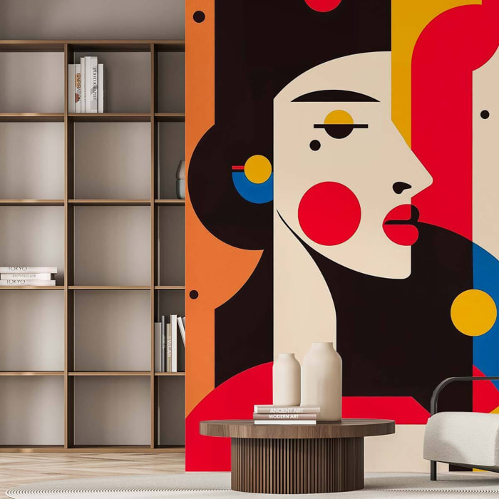 Papier peint portrait féminin pop art géométrique coloré Intissé