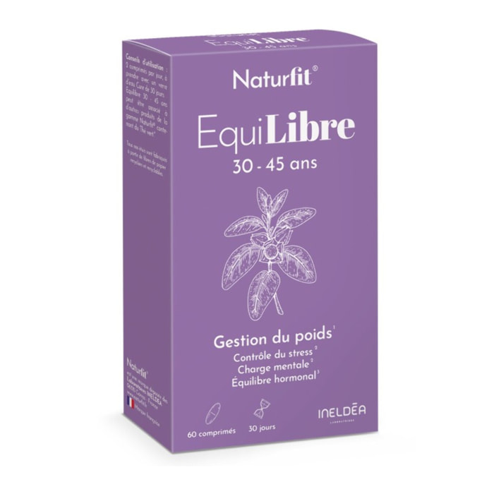 NATURFIT EquiLibre 30-45 ans - Pour un bon équilibre hormonal - Complément alimentaire charge mentale, gestion du stress et du poids - Sans gluten ni allergène - Cure 30 jours - 60 comprimés
