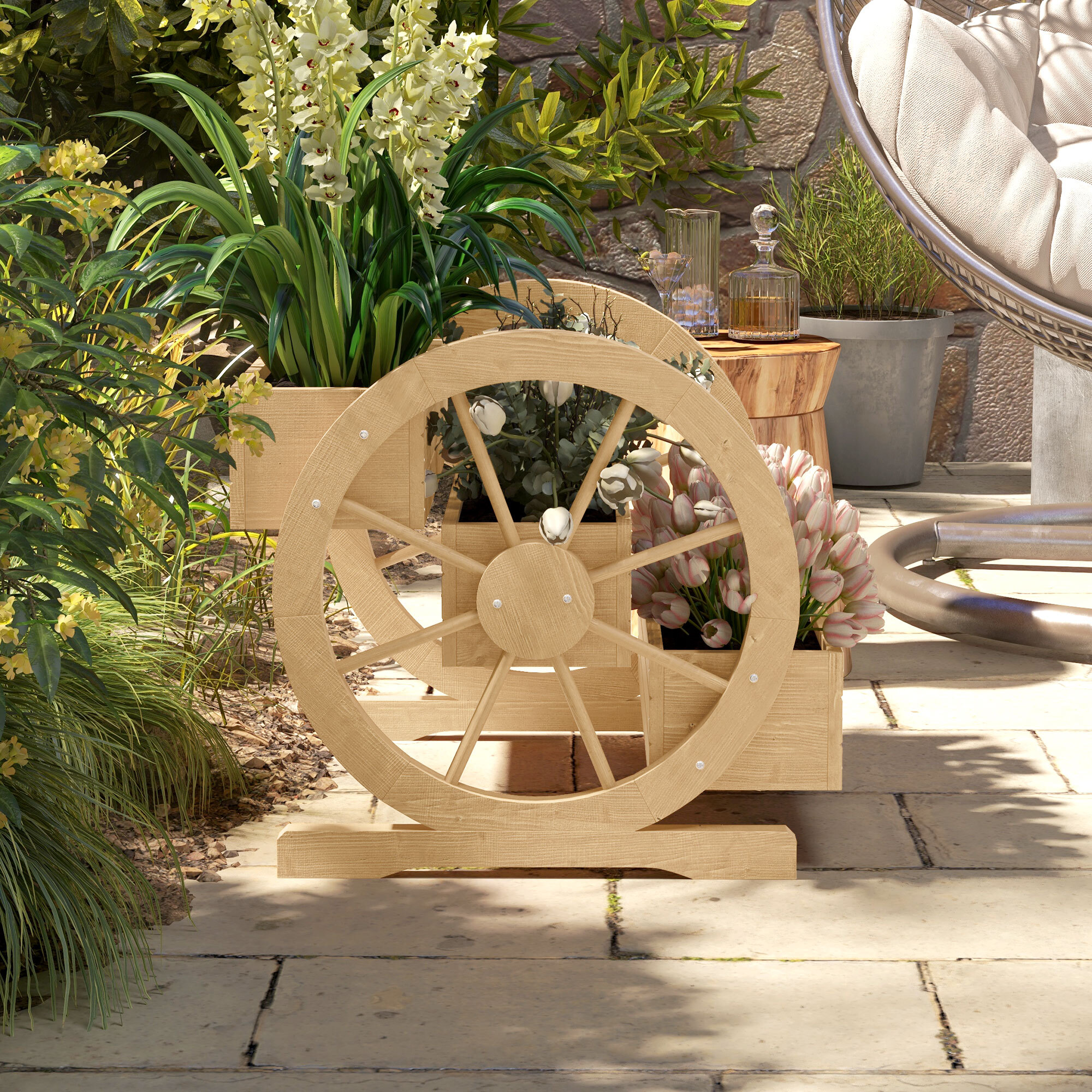 Jardinera de Madera Macetero Exterior de 3 Niveles Diseño de Escalera y Forma de Ruedas Orificios de Drenaje Huerto Urbano Cultivos Plantas Flores en Terraza Jardín 61x62x57 cm