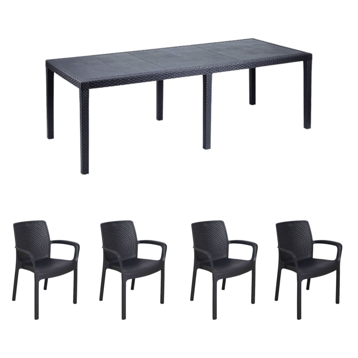 Set salotto da esterno Arret, Ripiano allungabile da esterno con 4 sedie, Tavolo e sedute da giardino effetto rattan, 100% Made in Italy, Antracite