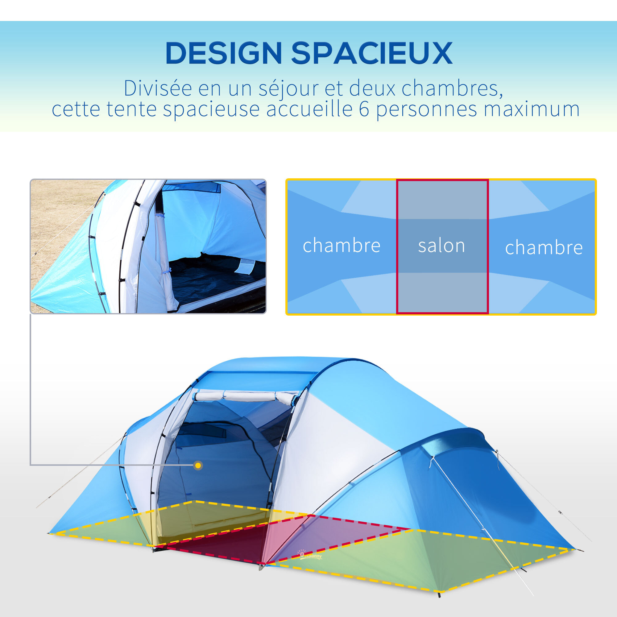 Tente de camping familiale 4-6 personnes 2 cabines fenêtre grande porte 4,3L x 2,4l x 1,7H m bleu blanc