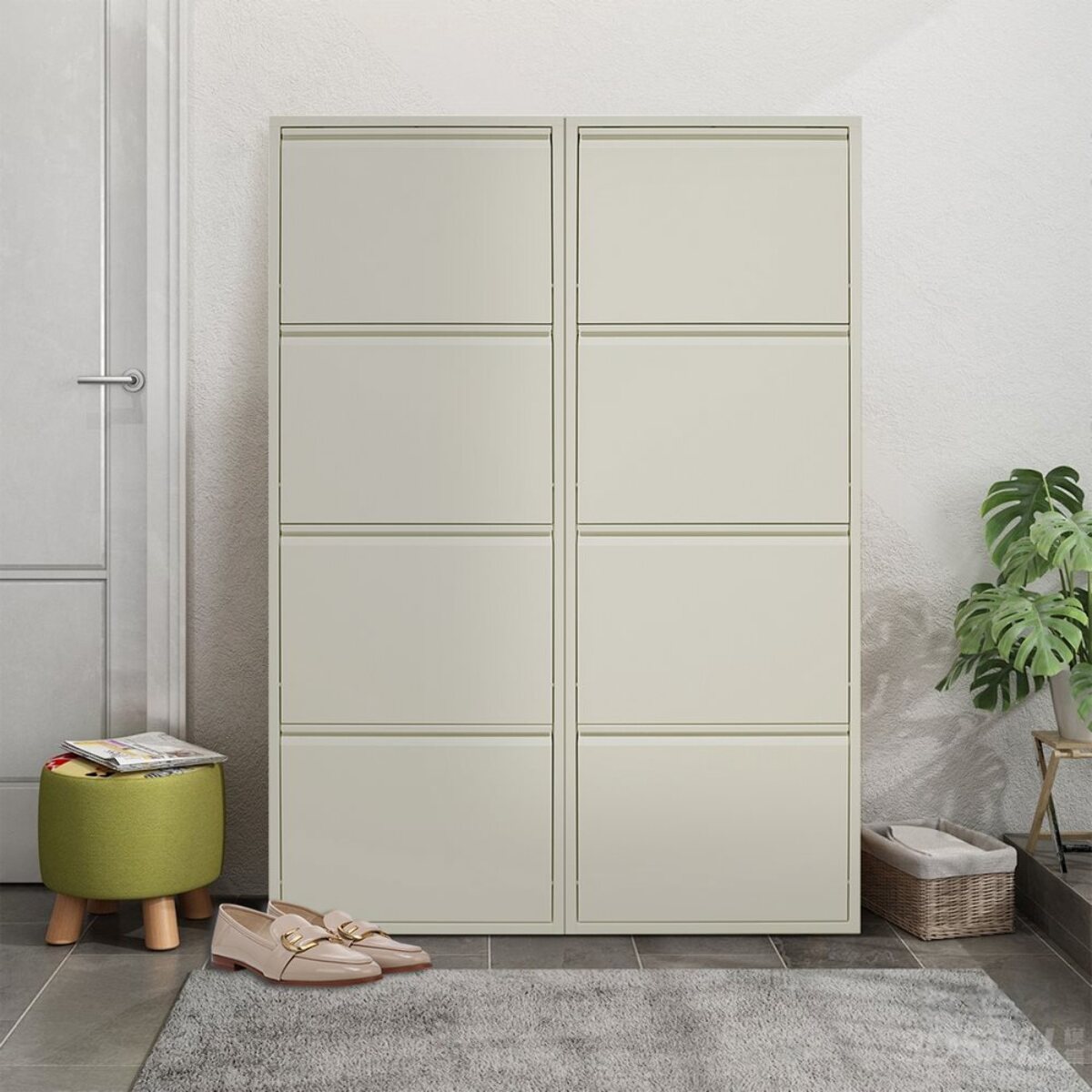 Scarpiera 4 ante salvaspazio in metallo avorio 80x14,2x136 cm - Emy