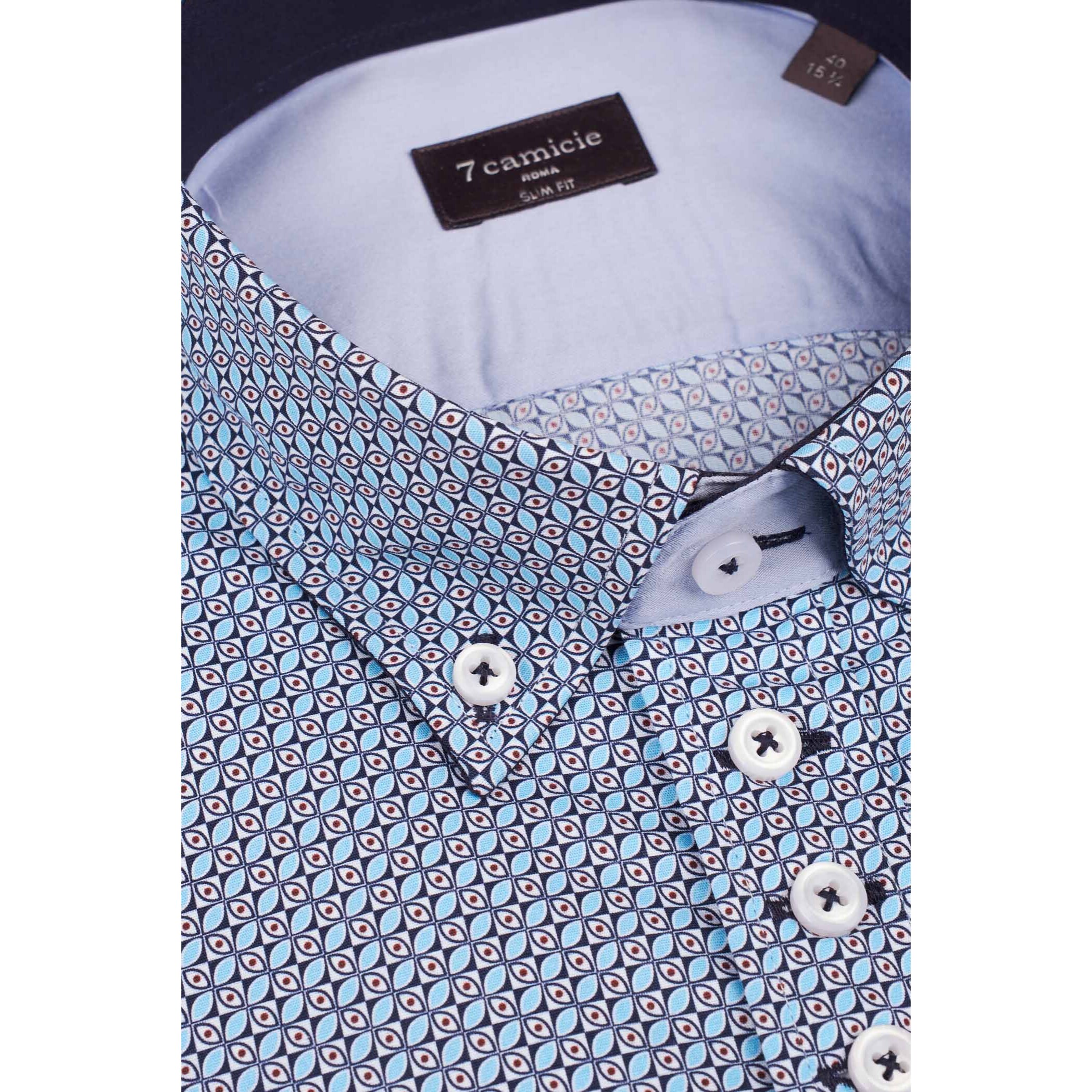 Camicia Uomo 1 Bottoni Button Down Slim Popeline Stampato Blu/Celeste