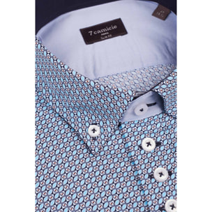 Camicia Uomo 1 Bottoni Button Down Slim Popeline Stampato Blu/Celeste