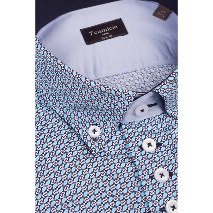 Camicia Uomo 1 Bottoni Button Down Slim Popeline Stampato Blu/Celeste