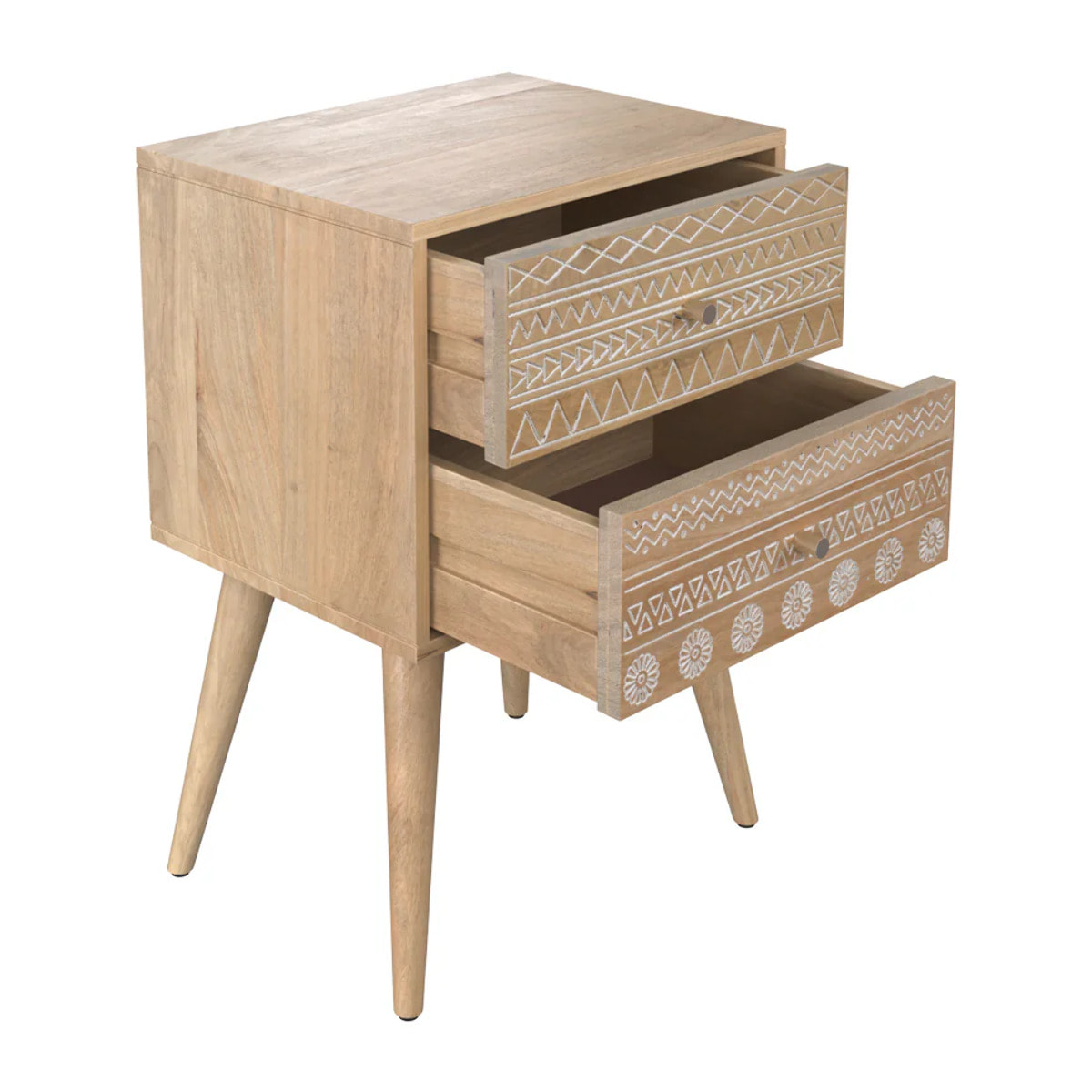 Table de chevet en bois de manguier gravé 2 tiroirs - Tiny