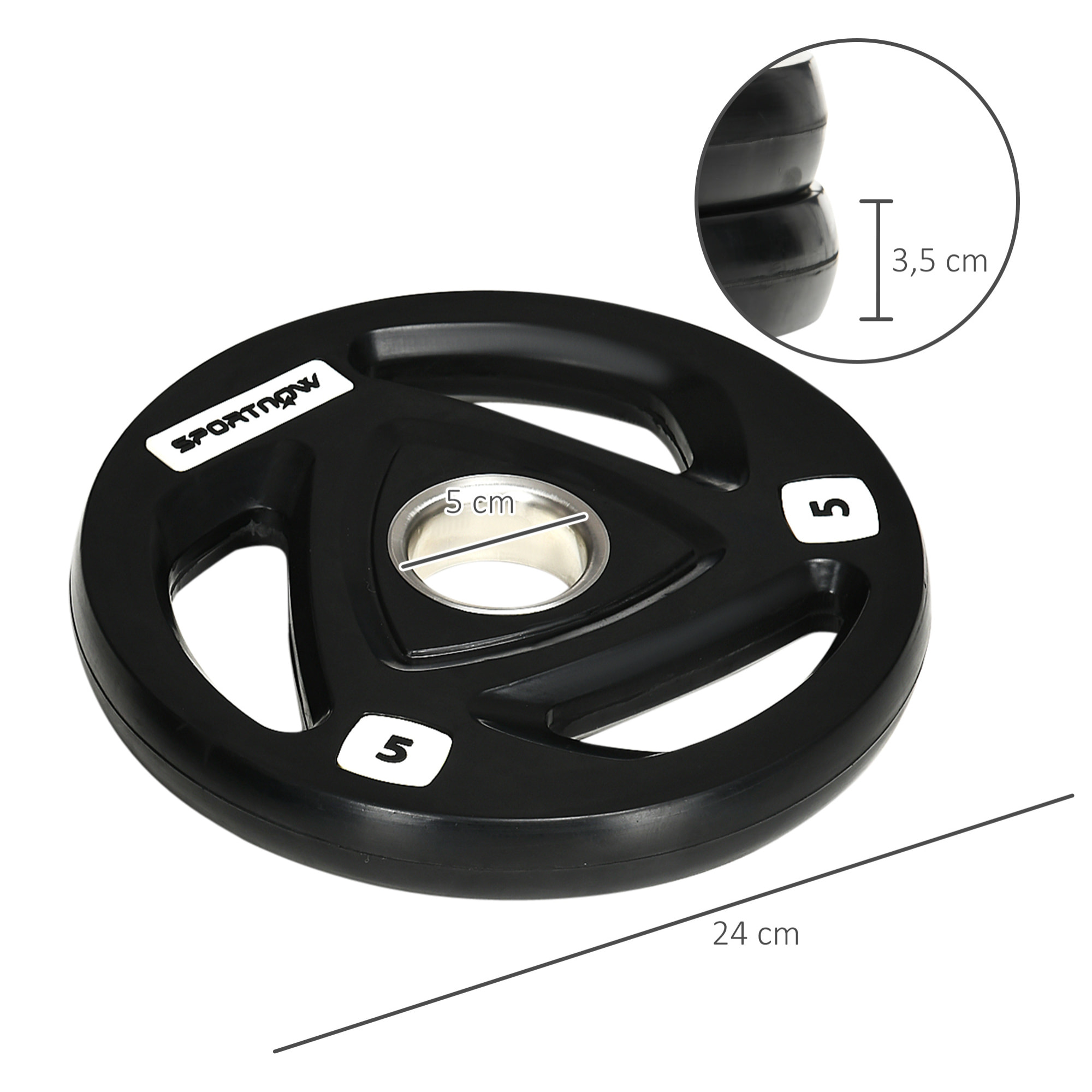 Juego de 2 Discos de Pesas Olímpicas de Hierro Fundido 5 kg Placas de Pesas Recubierta de Goma con Barra Tri-Grip y Orificio de 5 cm para Fitness en Gimnasio Casa Ø24x3,5 cm Negro