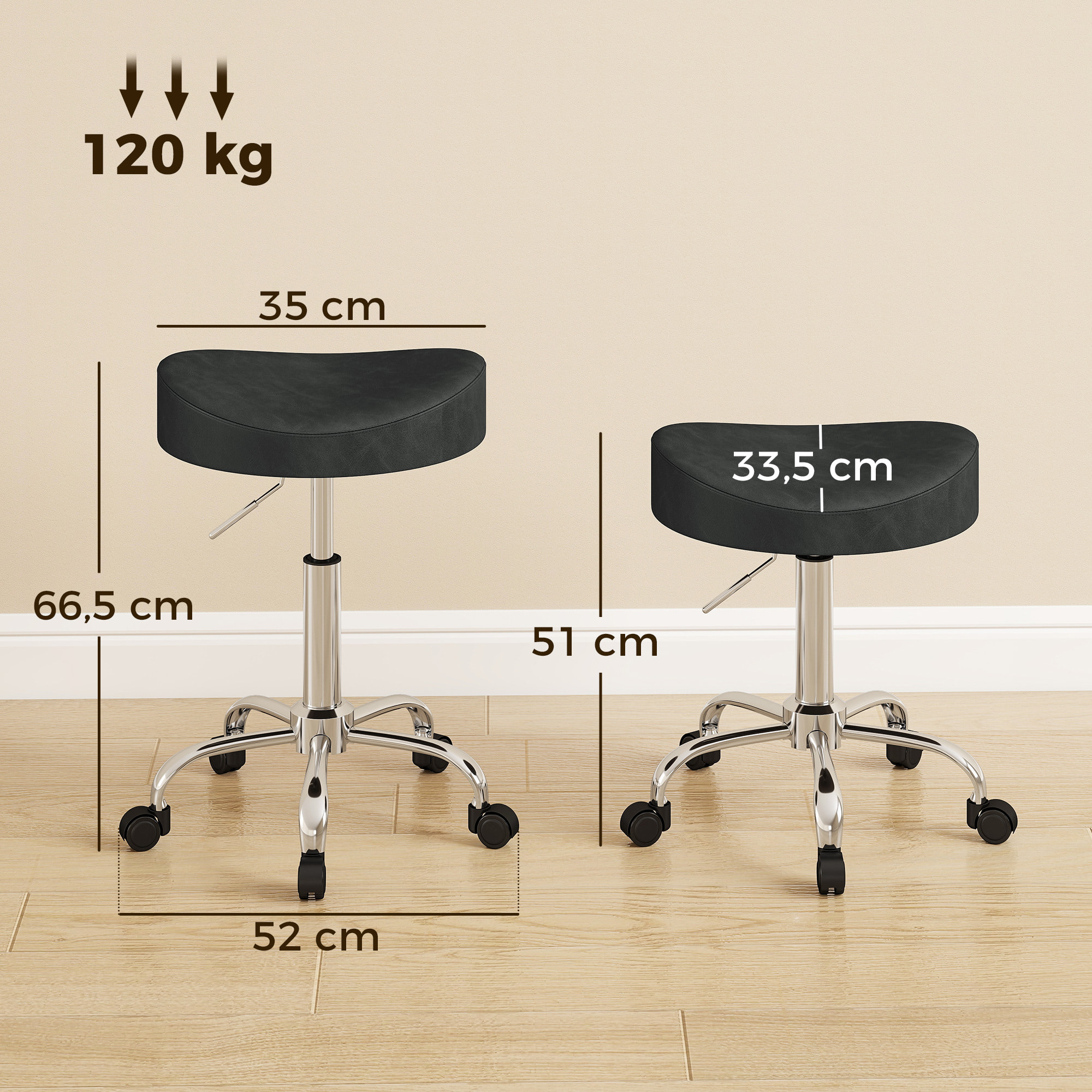 Taburete con Ruedas, Taburete Giratorio con Altura Regulable, Tapizado en Cuero Sintético, Asiento Acolchado, para Estética, Oficina, Clínica, Dormitorio, 33,5x35x51-66,5 cm, Negro