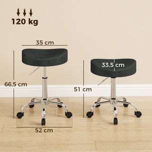 Taburete con Ruedas, Taburete Giratorio con Altura Regulable, Tapizado en Cuero Sintético, Asiento Acolchado, para Estética, Oficina, Clínica, Dormitorio, 33,5x35x51-66,5 cm, Negro