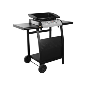Plancha au gaz 2 brûleurs sur chariot - Porthos - 5kW. plancha à gaz avec desserte . cuisine extérieure. plaque émaillée. inox. barbecue