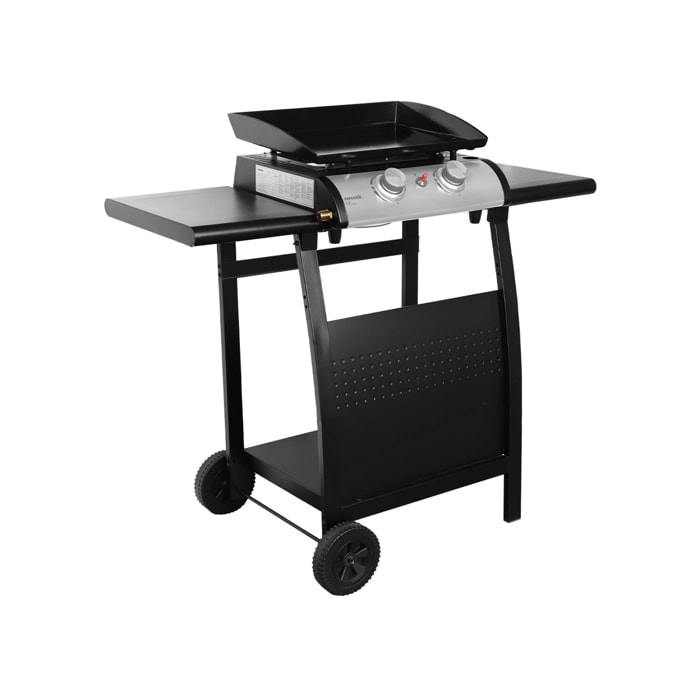Plancha au gaz 2 brûleurs sur chariot - Porthos - 5kW. plancha à gaz avec desserte . cuisine extérieure. plaque émaillée. inox. barbecue
