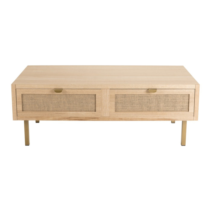 ALINE- Table basse 2 tiroirs toile de jute pieds métal doré
