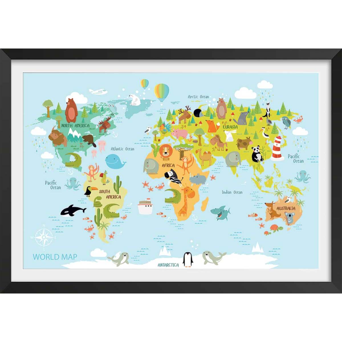 Affiche world map animals Affiche + cadre en bois - Noir