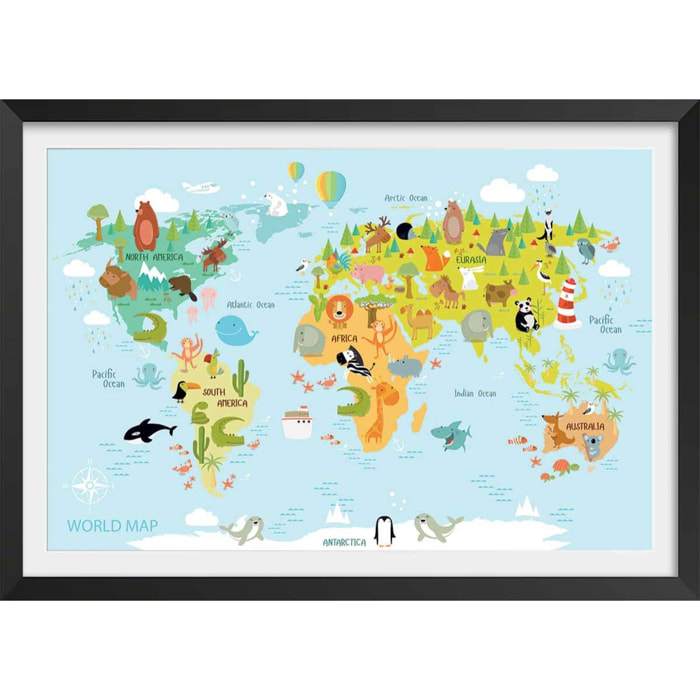 Affiche world map animals Affiche + cadre en bois - Noir