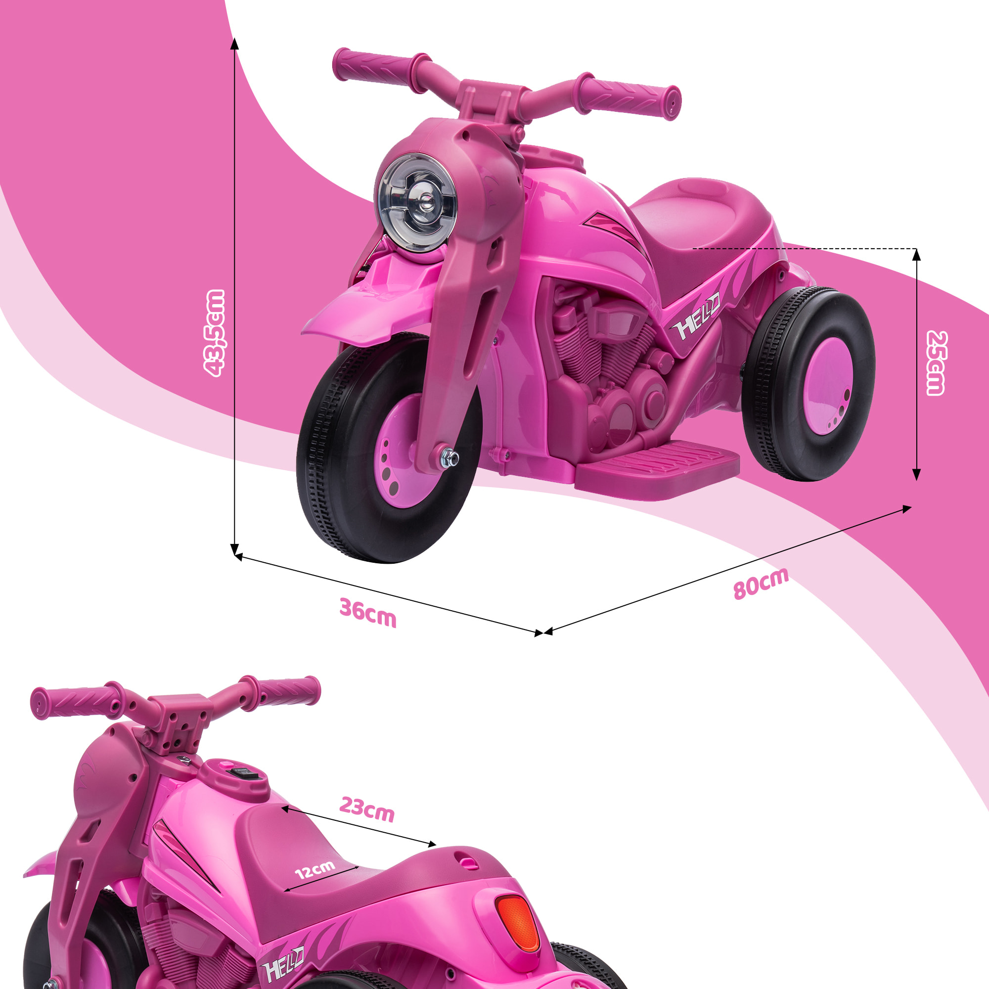 Moto électrique enfant chopper 6V env. 3Km/h 3 roues effets lumineux sonores fonction bulles rose