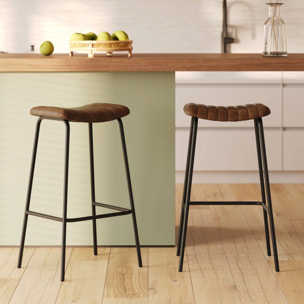 Lot de 2 tabourets de bar 77 cm en cuir marron et pieds en métal - Lupin