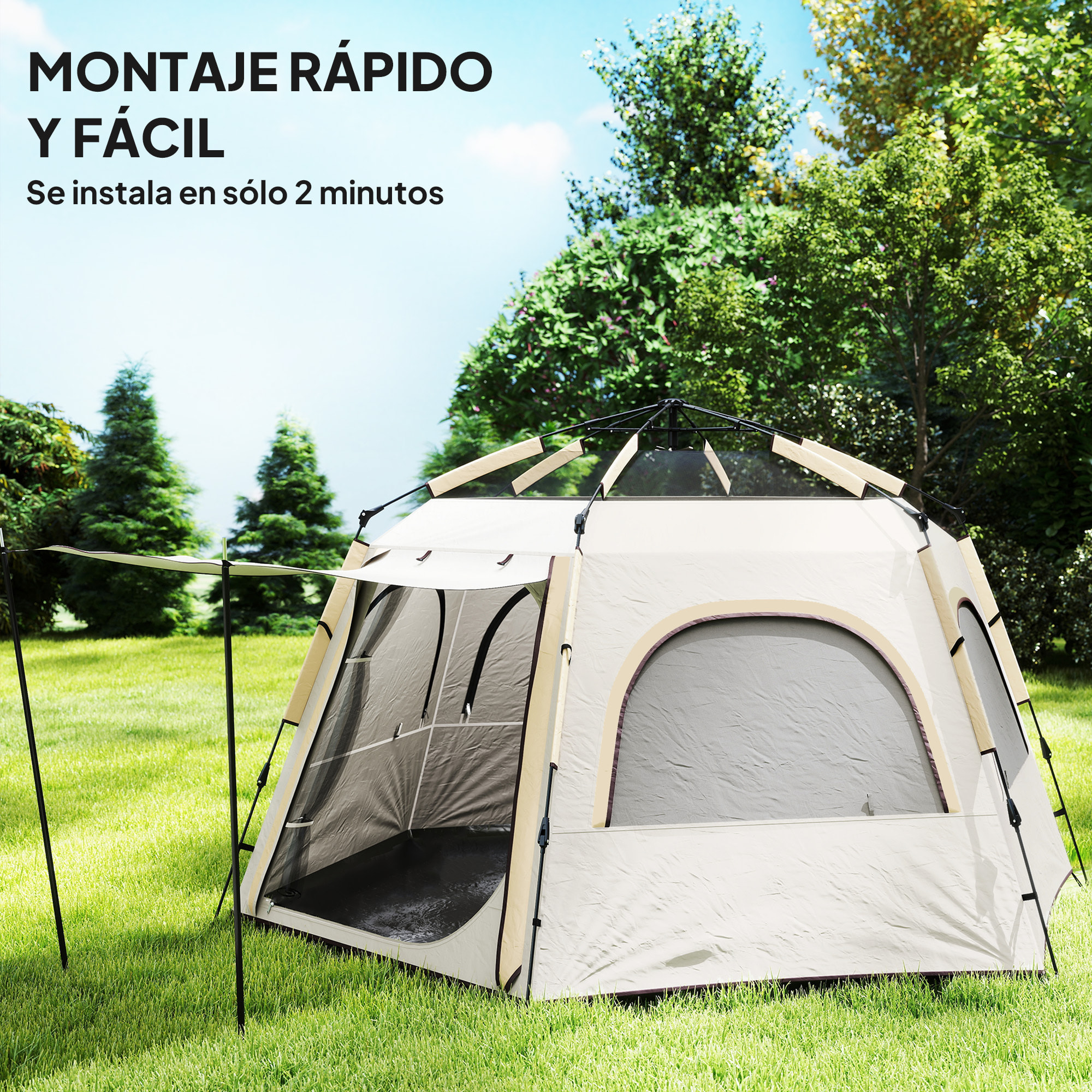 Tienda de Campaña para 2-4 Personas Tienda de Camping Plegable con Fácil Instalación Ventanas de Malla Gancho y Bolsa de Transporte Protección UV Impermeable para Senderismo Blanco y Beige